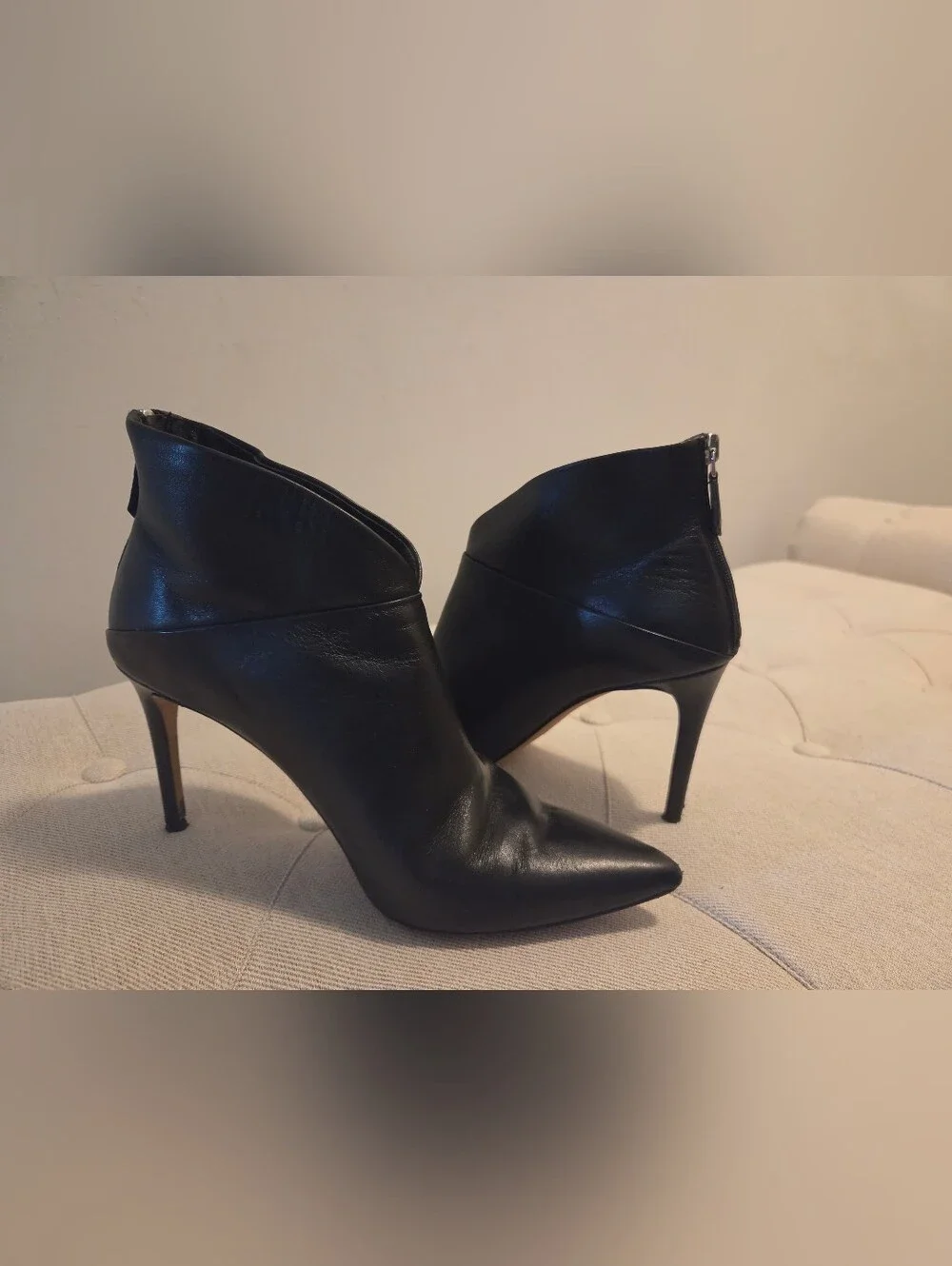 Women's Black Pointed Leather Ankle Booties with Stiletto Heel Made In ITALY.